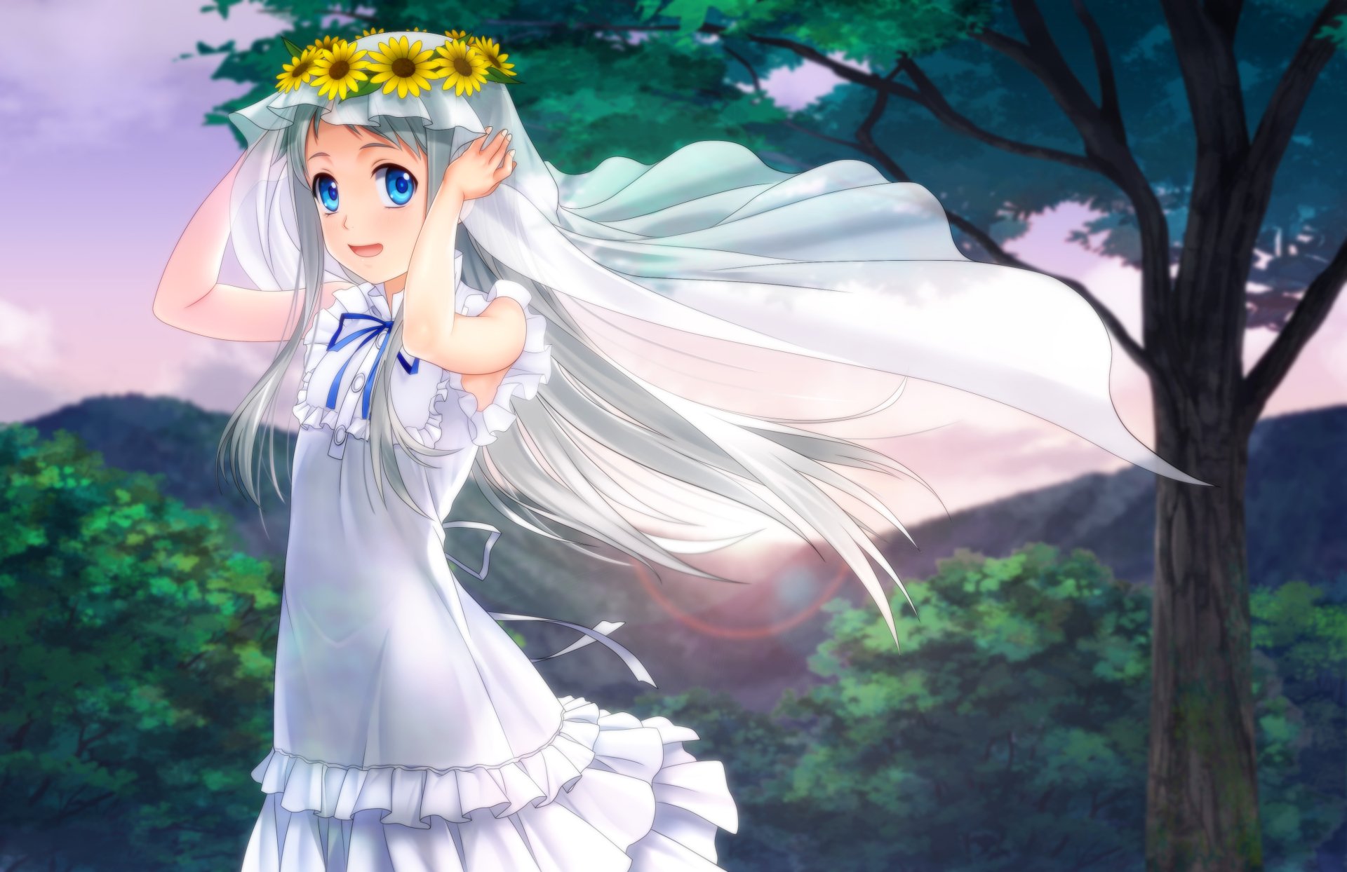 Anime-style artwork of a girl from Anohana with long white hair and a sunflower crown, set against a lush forest background in 4K Ultra HD for PC desktop wallpaper.