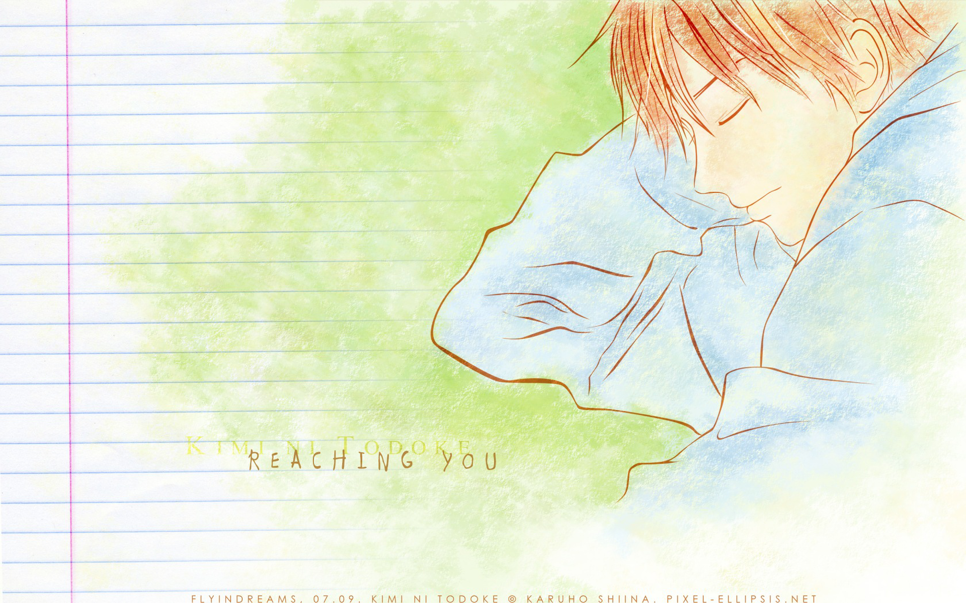 HD anime desktop wallpaper featuring Shota Kazehaya from Kimi Ni Todoke, depicted with closed eyes against a soft green and lined paper background.