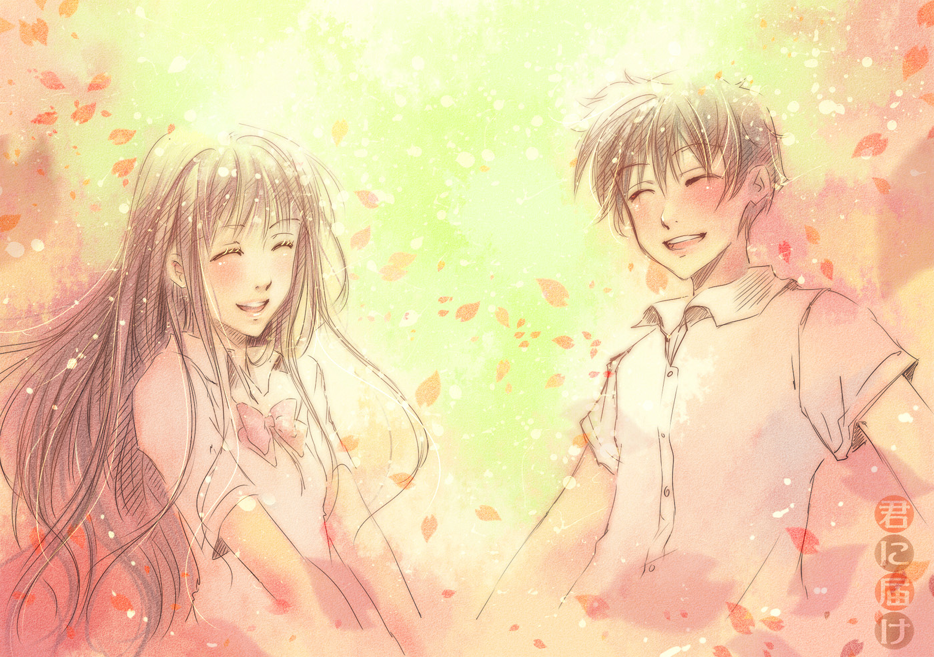 HD anime desktop wallpaper featuring Shota Kazehaya and Sawako Kuronuma from Kimi Ni Todoke, surrounded by soft pastel colors and falling petals.