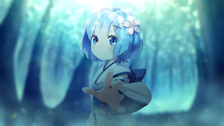 HD wallpaper of Rem from Re:ZERO - Starting Life in Another World, featuring her in an enchanting forest background with blue and green hues.