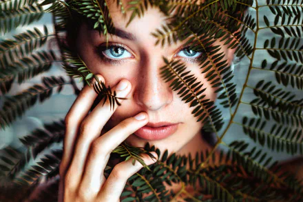 HD desktop wallpaper featuring a woman's face with striking blue eyes, partially obscured by delicate green fern leaves.