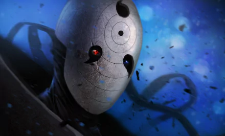 A dynamic HD wallpaper featuring Obito Uchiha from the anime Naruto, showcasing his iconic mask and intense aura against a vivid blue background.