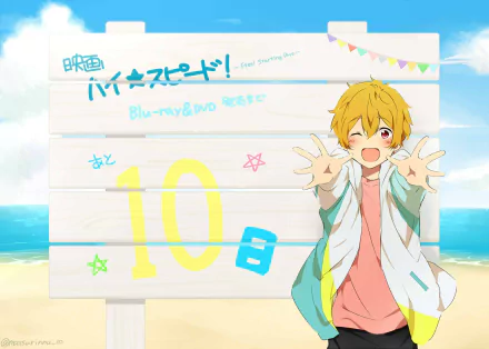HD PC desktop wallpaper featuring Nagisa Hazuki from the anime Free!, with a bright beach background and colorful countdown design.