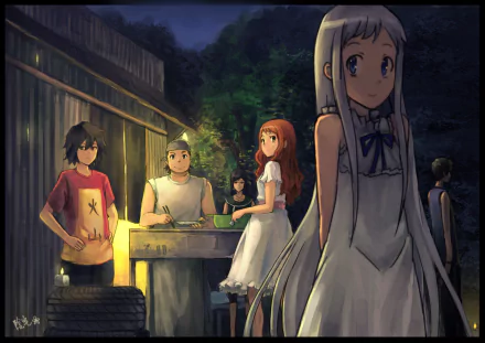A serene night scene from Anohana features the main characters gathered outdoors, capturing a moment of nostalgia and connection. Perfect as an HD desktop wallpaper.