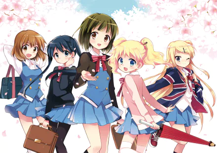 HD PC desktop wallpaper featuring five anime girls from KINMOZA! in school uniforms, standing against a cherry blossom background.