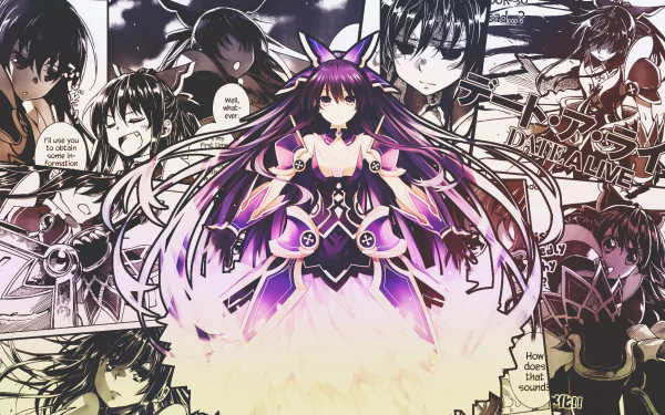 A vibrant HD desktop wallpaper featuring Tohka Yatogami from the anime Date A Live, surrounded by dynamic comic-style panels and dramatic expressions, showcasing her captivating design.
