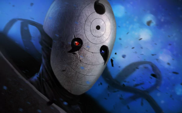 A dynamic HD wallpaper featuring Obito Uchiha from the anime Naruto, showcasing his iconic mask and intense aura against a vivid blue background.
