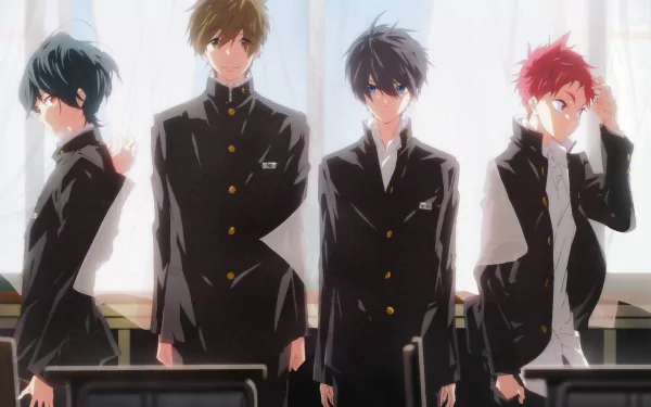Anime-style illustration of four male characters from Free! in school uniforms, featured as a 4K Ultra HD PC desktop wallpaper and background.