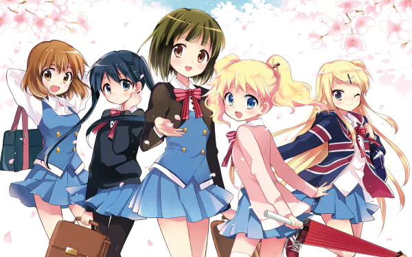 HD PC desktop wallpaper featuring five anime girls from KINMOZA! in school uniforms, standing against a cherry blossom background.