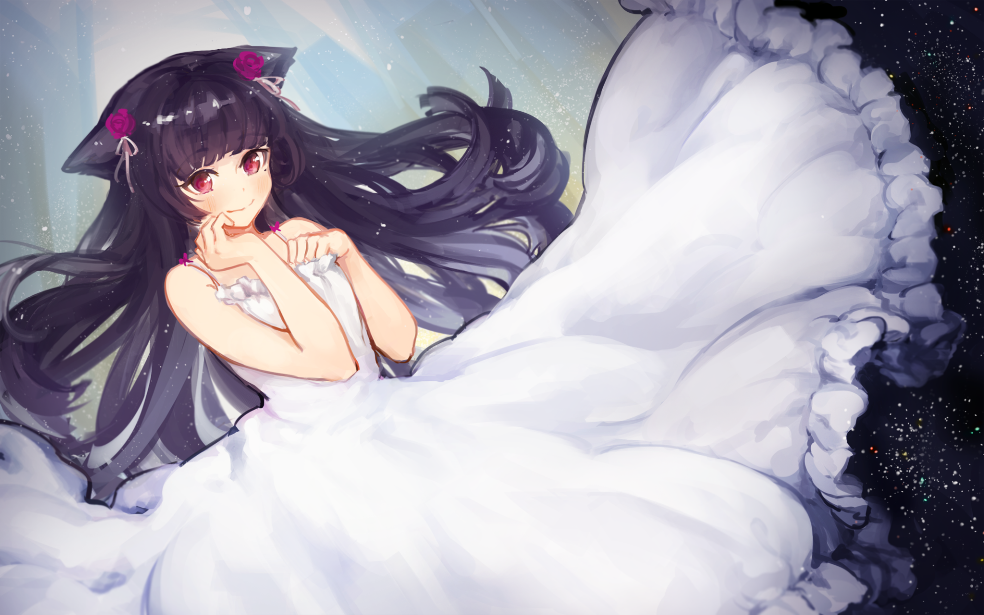 Anime Oreimo HD PC desktop wallpaper: long black-haired girl with red eyes and flower hairpins in a billowing white gown, reclining against a starry, space-like background.