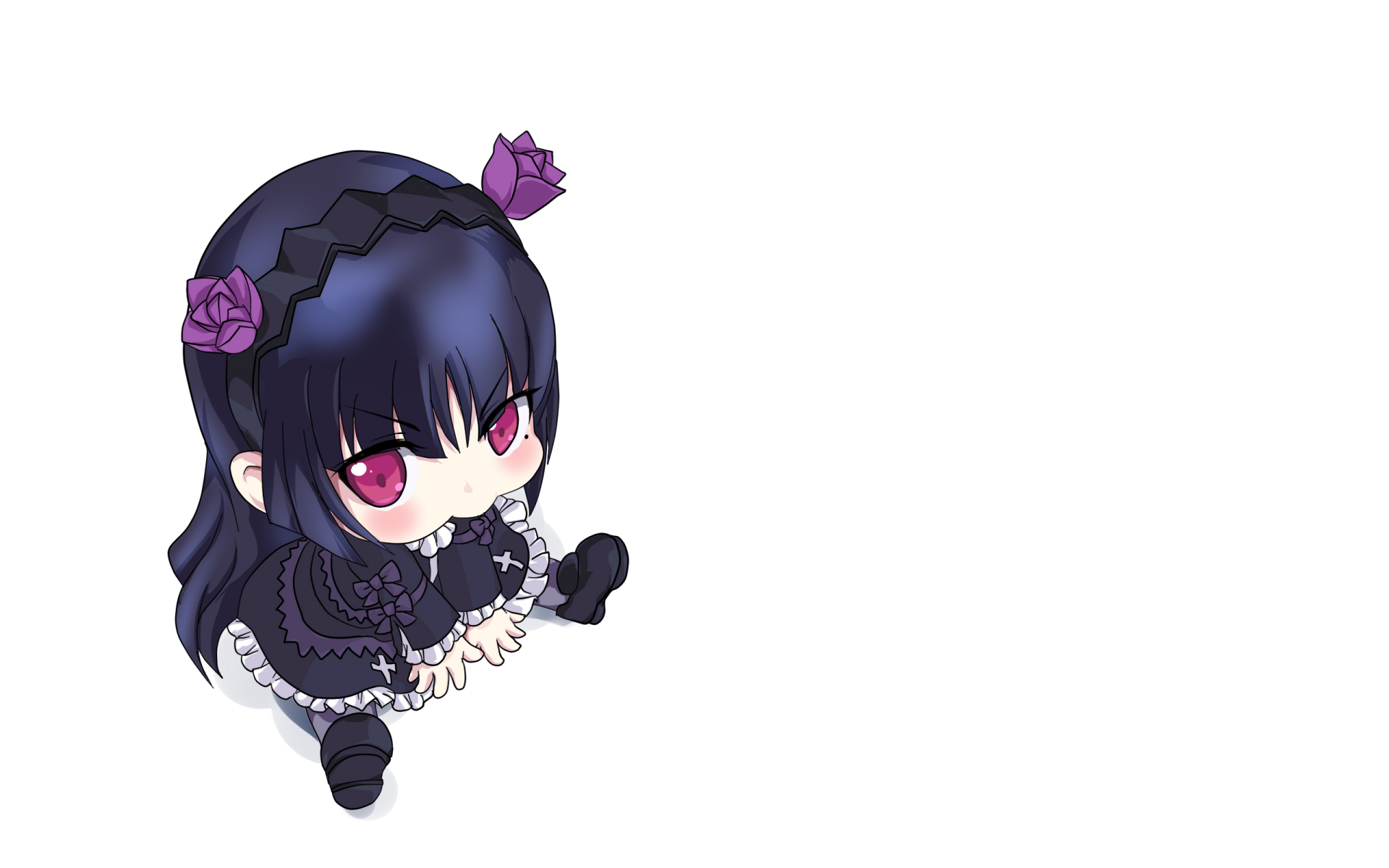 Chibi anime character from Oreimo with dark hair, purple roses, and a gothic outfit, featured in a high-definition PC desktop wallpaper and background.