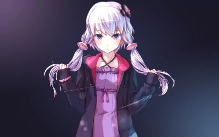 HD desktop wallpaper featuring Yuzuki Yukari, an anime Vocaloid character, with long light purple hair and holding twin braids against a dark background.
