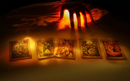 A dark, atmospheric HD wallpaper featuring tarot cards spread on a surface, illuminated by a dramatic light source, with a hand casting shadows over the scene.