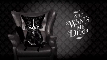 4K Ultra HD PC desktop wallpaper of Lula (She Wants Me Dead): grim black cat in an armchair clutching a doll, patterned wall and the video game title She Wants Me Dead.