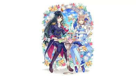 HD wallpaper featuring Crusch Karsten from the anime Re:Zero - Starting Life in Another World, showcasing two characters at a colorful floral-themed table setting.