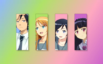 HD anime desktop wallpaper featuring Ayase Aragaki, Kyōsuke Kōsaka, Ruri Gokō, and Kirino Kousaka from Oreimo, each framed in vibrant vertical panels.