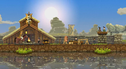 HD wallpaper of a pixelated kingdom scene with a building, characters, and a serene sunset background.