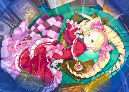 A vibrant HD desktop wallpaper featuring Beatrice from Re:Zero - Starting Life in Another World. She is depicted in her signature red dress surrounded by magical elements.