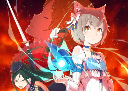 A vibrant HD wallpaper featuring Felix Argyle and Crusch Karsten from *Re:Zero - Starting Life in Another World*, set against a fiery backdrop.