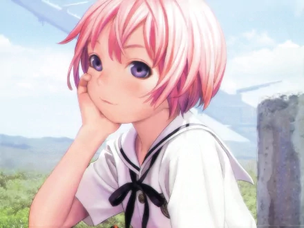 Anime-style HD desktop wallpaper from Shangri-La featuring a young girl with pink hair and purple eyes in a school uniform, set against a soft outdoor background.