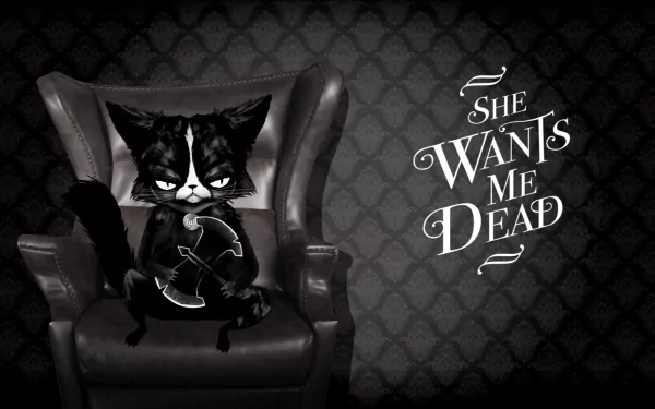 4K Ultra HD PC desktop wallpaper of Lula (She Wants Me Dead): grim black cat in an armchair clutching a doll, patterned wall and the video game title She Wants Me Dead.