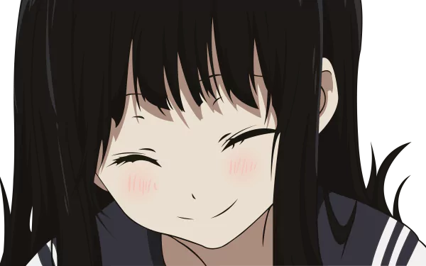 HD PC desktop wallpaper featuring Eru Chitanda from the anime Hyouka, showcasing her smiling face with closed eyes and blushing cheeks.