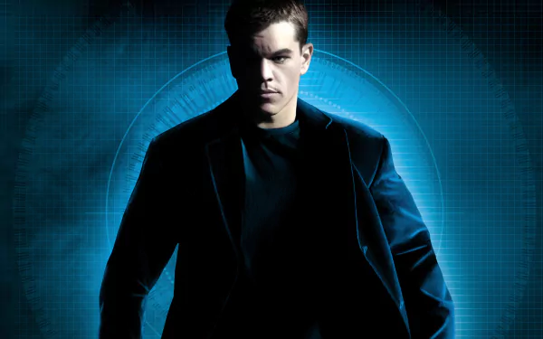 HD PC desktop wallpaper featuring a dark, intense portrait of Matt Damon from the movie The Bourne Supremacy against a blue, high-tech background.