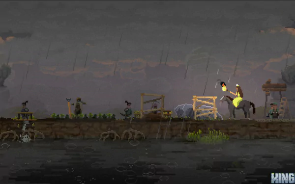 HD desktop wallpaper featuring a Kingdom theme with a monarch on horseback overseeing subjects, under a rainy sky.