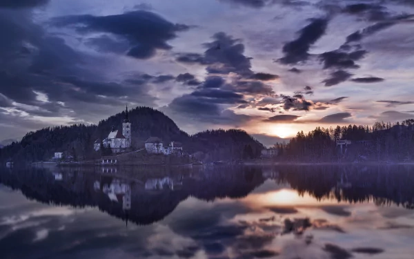 sunrise church morning reflection Slovenia photography lake HD Desktop Wallpaper | Background Image