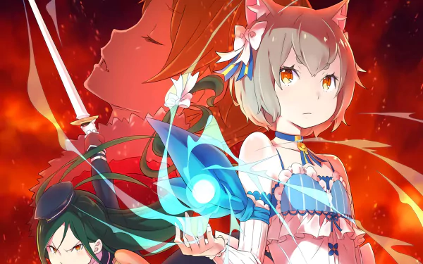 A vibrant HD wallpaper featuring Felix Argyle and Crusch Karsten from *Re:Zero - Starting Life in Another World*, set against a fiery backdrop.