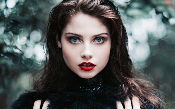 Women Face Lipstick Blue Eyes Brunette Bokeh HD Wallpaper | Background Image