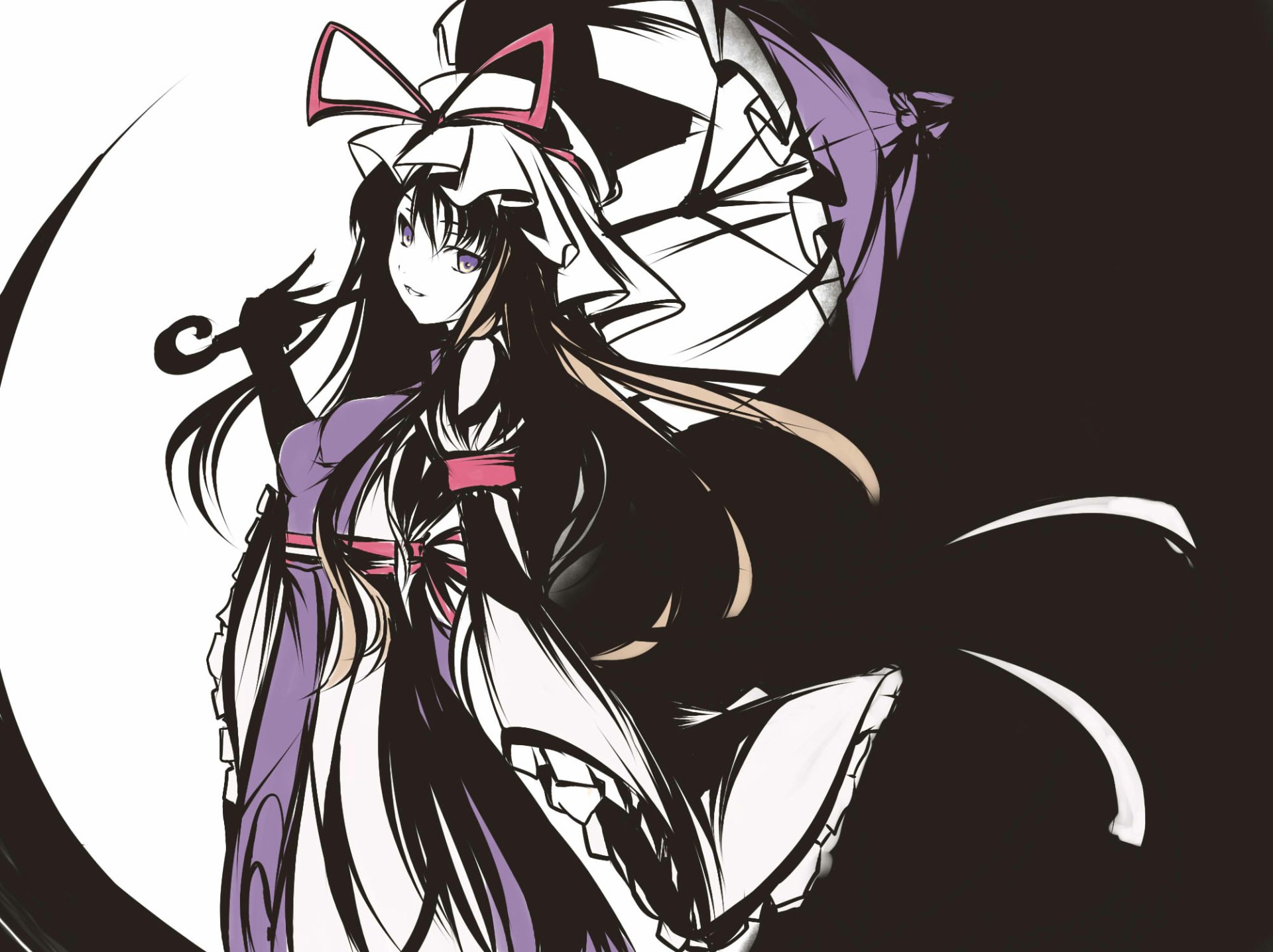 HD anime desktop wallpaper featuring Yukari Yakumo from Touhou, showcasing her elegant attire and mysterious aura against a dark background.