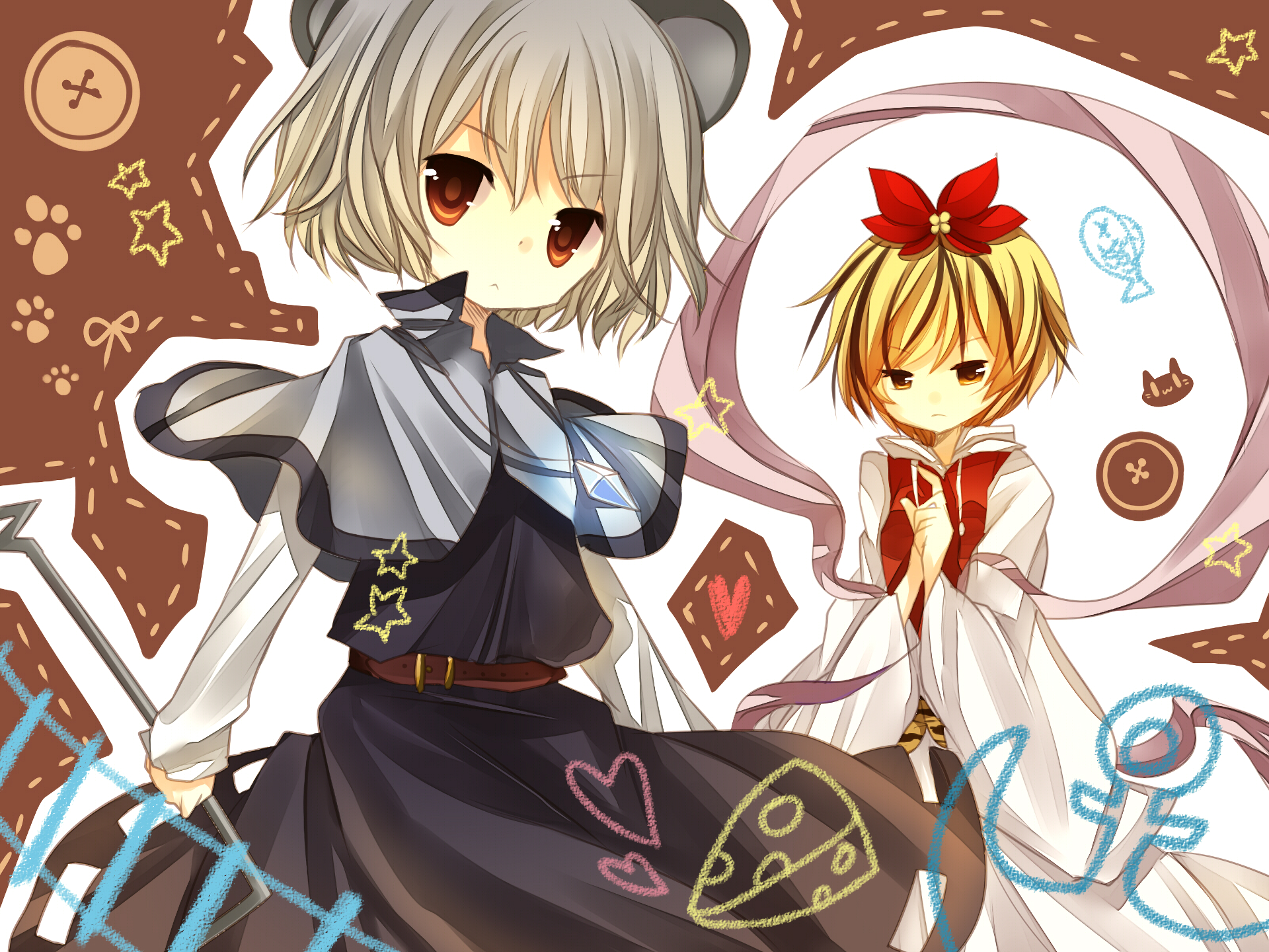 HD PC Touhou anime wallpaper featuring Shou Toramaru, Nazrin, and Shizuha Aki in cute chibi-style with warm browns, stars and talisman motifs.