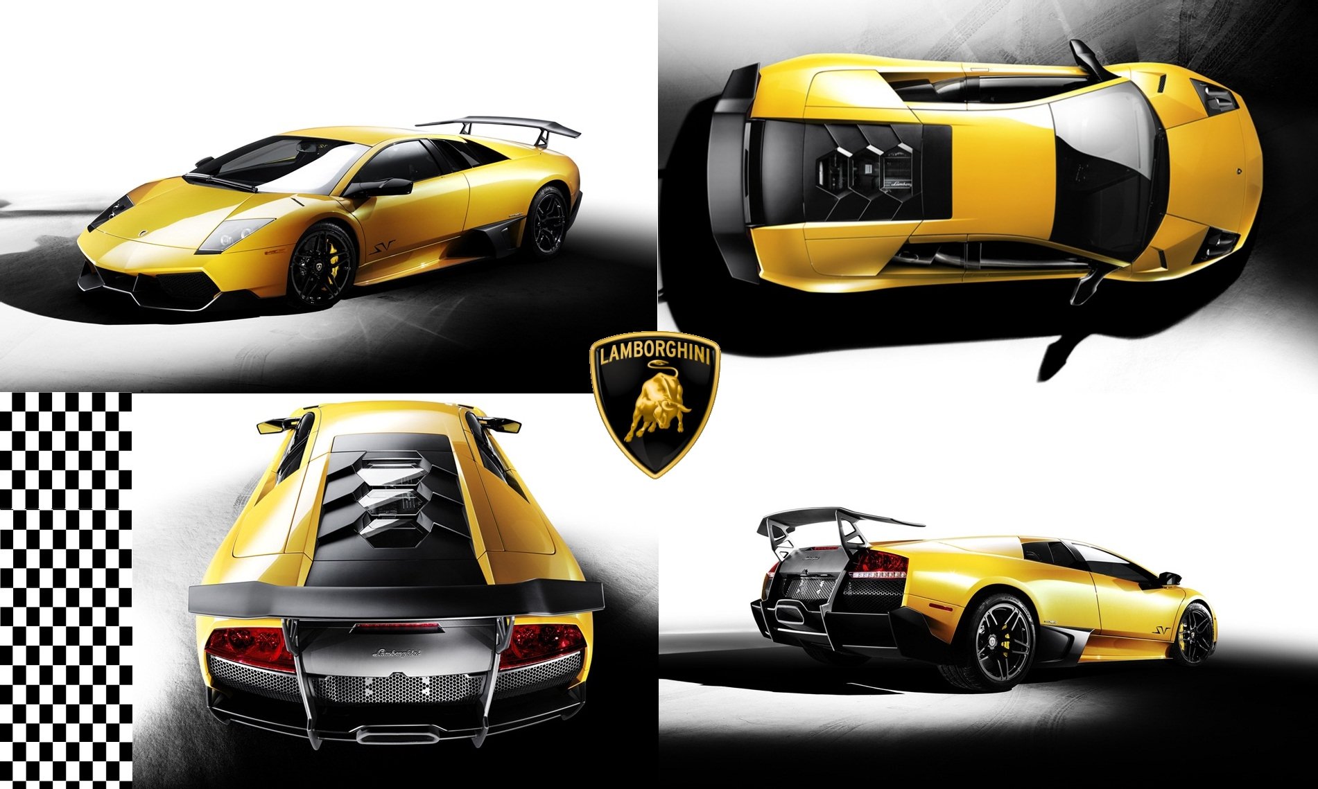 HD PC desktop wallpaper featuring a yellow Lamborghini Murcielago from multiple angles with the Lamborghini logo in the center.