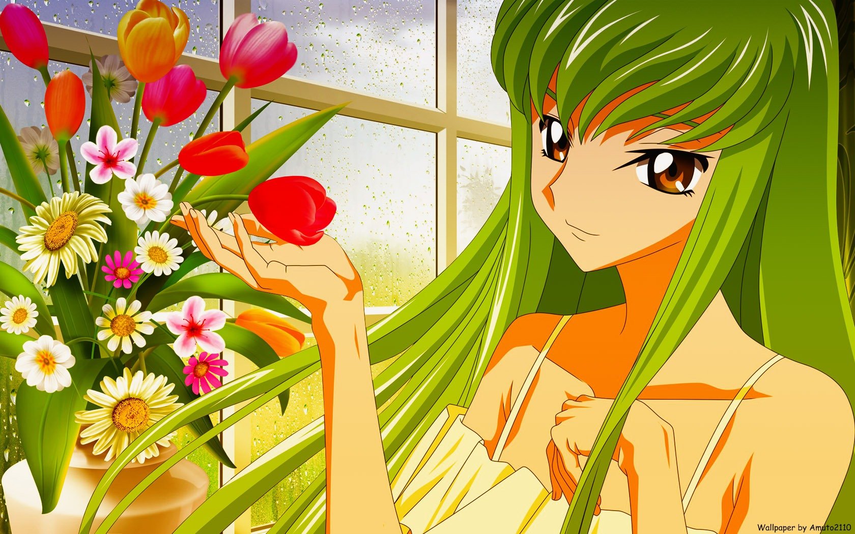A vibrant anime illustration featuring C.C. from Code Geass with striking green hair, gracefully holding a red flower in front of a sunny window adorned with blooming tulips.