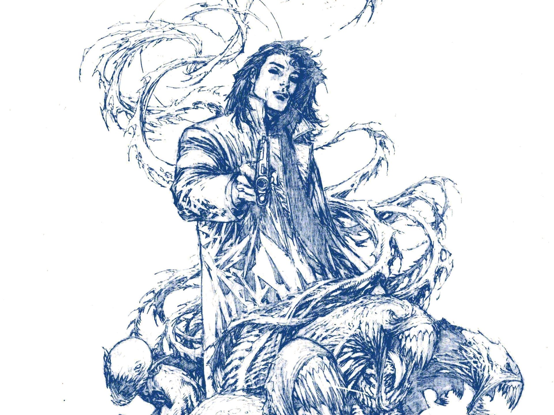 HD comic-style PC desktop wallpaper featuring The Darkness character surrounded by shadowy, tentacle-like forms in a high-contrast blue sketch design.