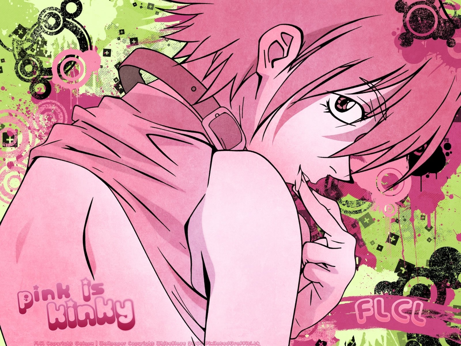 Anime FLCL HD PC desktop wallpaper/background: pink-toned close-up of a short pink-haired girl biting a finger, set against grungy green splatters and retro graphic elements.