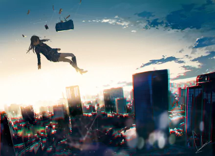 Anime-inspired original HD desktop wallpaper featuring a character floating above a vibrant, futuristic cityscape during sunset.