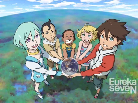 A vibrant HD wallpaper from Eureka Seven featuring a group of children joyfully holding a globe together against a colorful landscape.