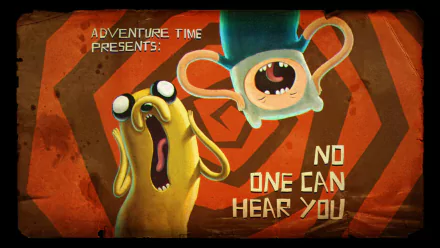 Adventure Time HD PC desktop wallpaper: stylized poster of Finn and Jake yelling against concentric orange rings with the caption No One Can Hear You — TV show Adventure Time.