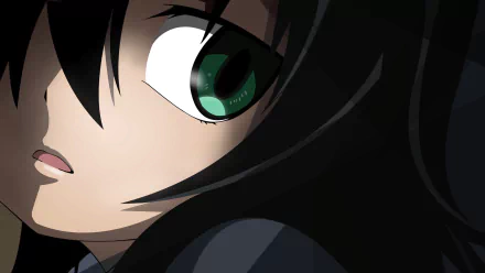 A close-up of a character from the anime Watamote, featuring distinct green eyes and dark hair, set against a shadowy background. A vibrant HD wallpaper for desktop use.