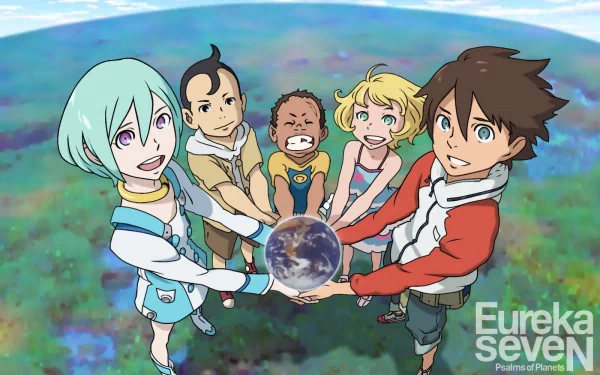 A vibrant HD wallpaper from Eureka Seven featuring a group of children joyfully holding a globe together against a colorful landscape.