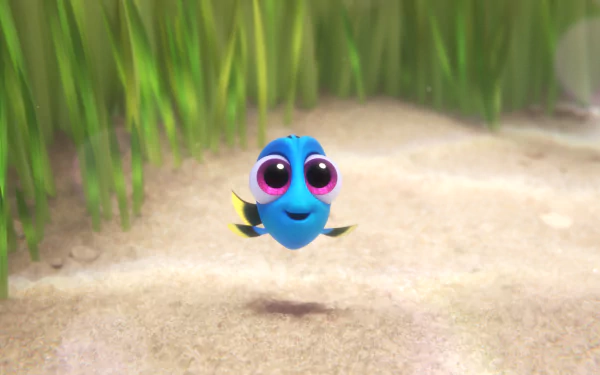 A vibrant HD wallpaper featuring Dory, the beloved character from *Finding Nemo* and *Finding Dory*, swimming cheerfully in a sandy underwater scene.