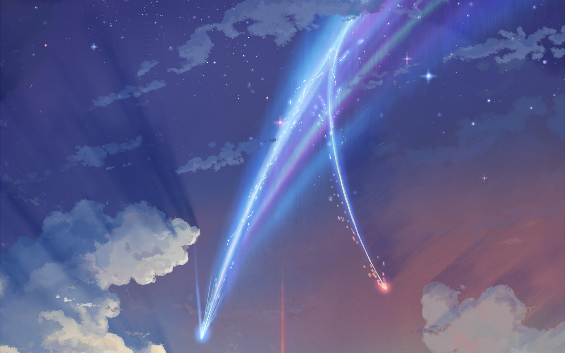 A HD desktop wallpaper featuring an anime aesthetic from Your Name., depicting a beautiful sky with shooting stars and clouds at dusk.