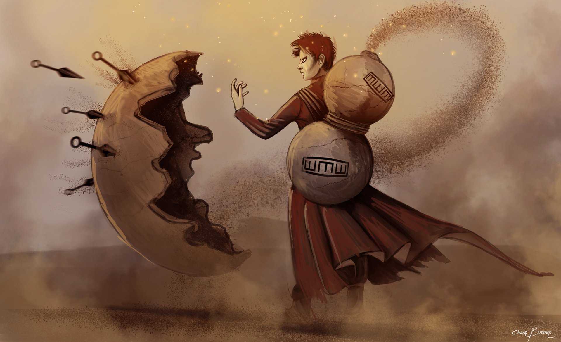 HD anime desktop wallpaper featuring Kazekage from Naruto, with dynamic dust and sand effects highlighting his power and presence.