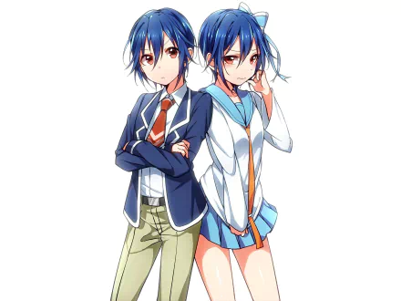 HD PC desktop wallpaper featuring Seishirou Tsugumi from the anime Nisekoi, showcasing two characters with blue hair in contrasting school uniforms on a white background.