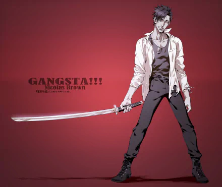 A striking HD desktop wallpaper featuring an anime character from Gangsta!!!, standing confidently with a sword against a bold red background.