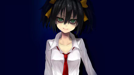 A stylized HD desktop wallpaper featuring an anime character from Watamote, showcasing vibrant green eyes and a confident expression against a dark background.