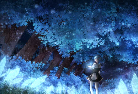 A serene HD wallpaper featuring Rem from *Re:ZERO - Starting Life in Another World*, standing amidst glowing blue leaves and shimmering crystals, creating a magical atmosphere.