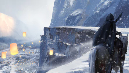 HD wallpaper of a GhostBlade comic scene featuring a hooded figure on horseback overlooking a wintry cliff with glowing lanterns floating in the distance.